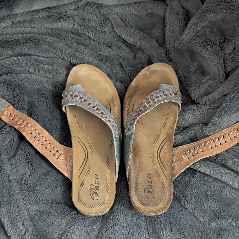 Biza Lexi thong sandals grey whiskey leather woven strap Boho Earthy Natural - Picture 8 of 13